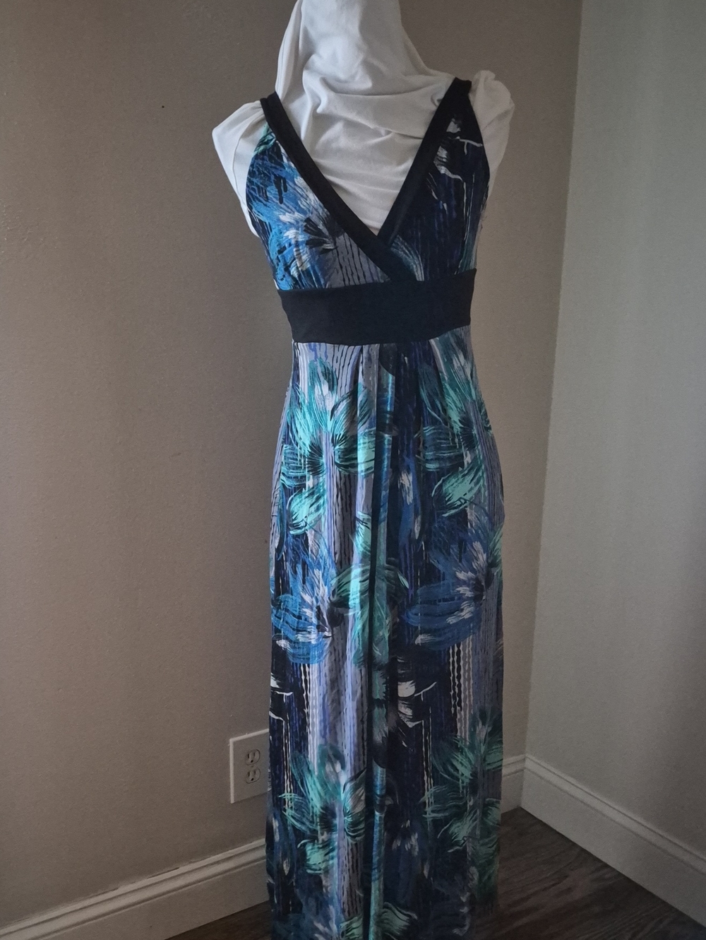 a.n.a Blue and Teal Floral Maxi Dress with Black Waistband